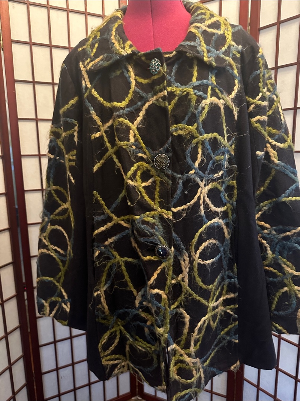 Weavz Black Coat with Green, Blue & Cream Loop Pattern